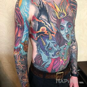 Tattoo Two devils on the upper arm motif: demons style: neo-traditional