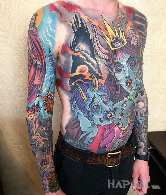 Tattoo Dwa diabły in colorful motif and neo-traditional style on the breast