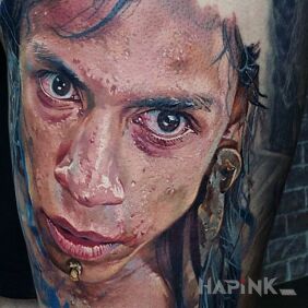 Tattoo Tubylec as if alive on the leg motif: 3D style: realistic