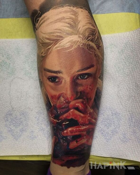 Tattoo Daenerys in characters motif and realistic style on the calf