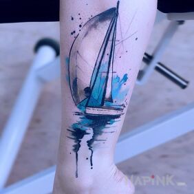Tattoo Sailboat on the calf motif: other style: Watercolor
