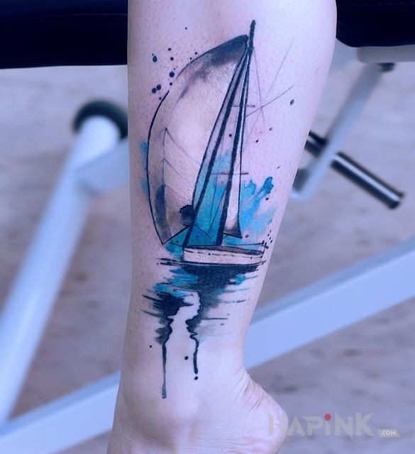 Tattoo Żaglówka in other motif and Watercolor style on the calf