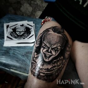 Tattoo A character from a horror movie on the leg motif: dark style: realistic