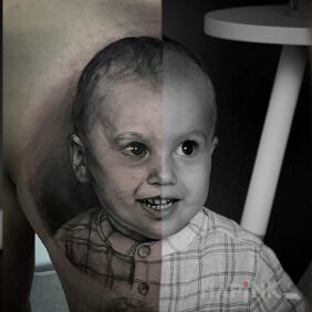 Tattoo Realistic portrait on the chest motif: black and gray style: realistic