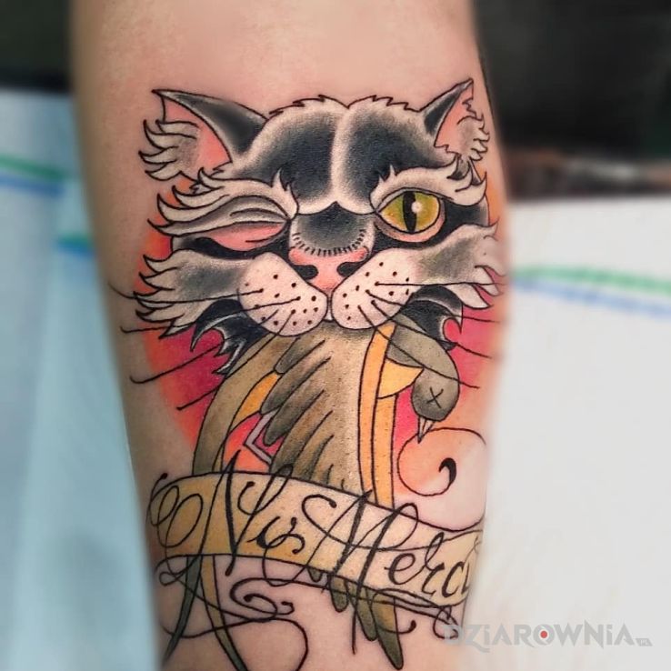 Tatuaż kociak w motywie kolorowe i stylu newschool na przedramieniu