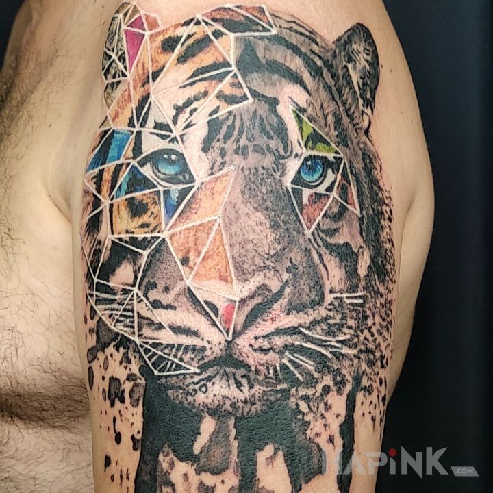 Tattoo Taki inny tygrys in colorful motif and geometric style on the upper arm