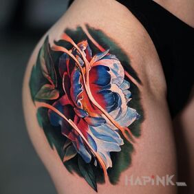 Tattoo Ultra-colorful flower on the leg motif: colorful style: realistic
