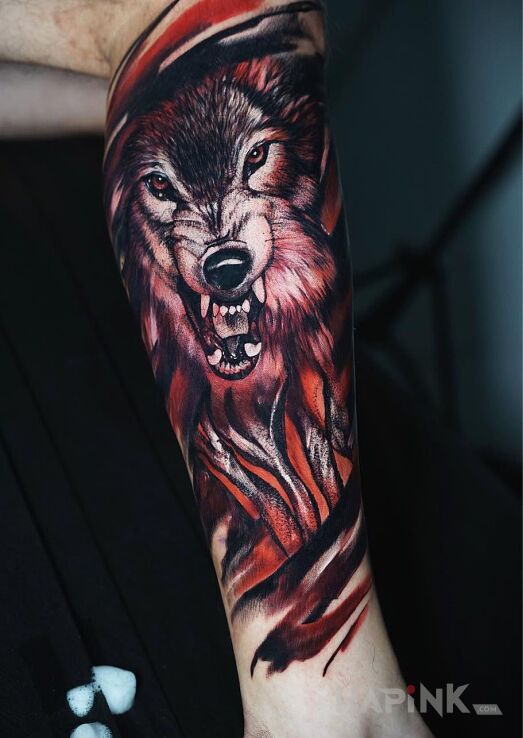 Tattoo Wilczur in colorful motif and graphic / illustrative style on the calf