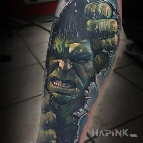 Tattoo Annoyed Hulk on the forearm motif: characters style: realistic