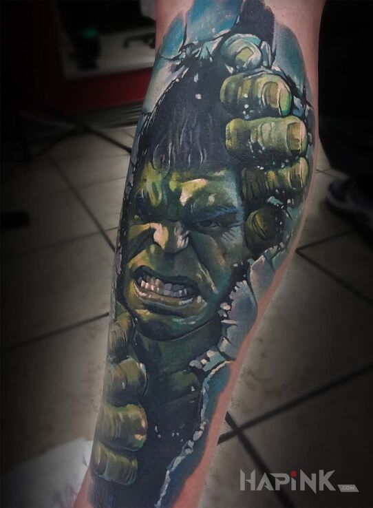 Tattoo Wkurzony Hulk in characters motif and realistic style on the forearm