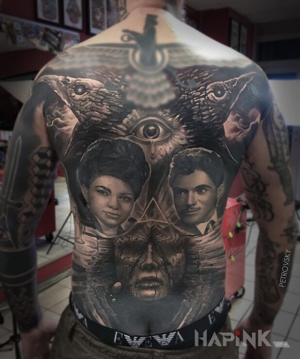 Tattoo Takie dziwy in faces motif and realistic style on the shoulder blades