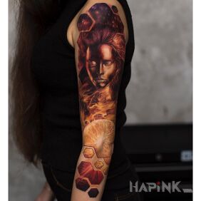 Tattoo The majestic face of a girl on the upper arm motif: colorful style: realistic