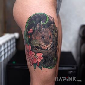 Tattoo Little mouse on the leg motif: colorful style: realistic