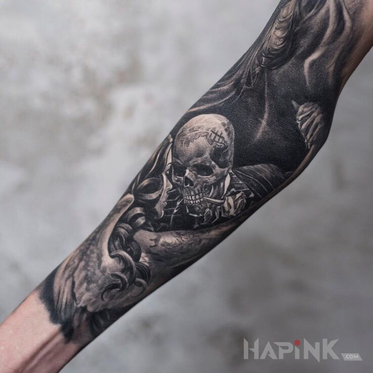 Tattoo Dance makabre in black and gray motif and realistic style on the forearm