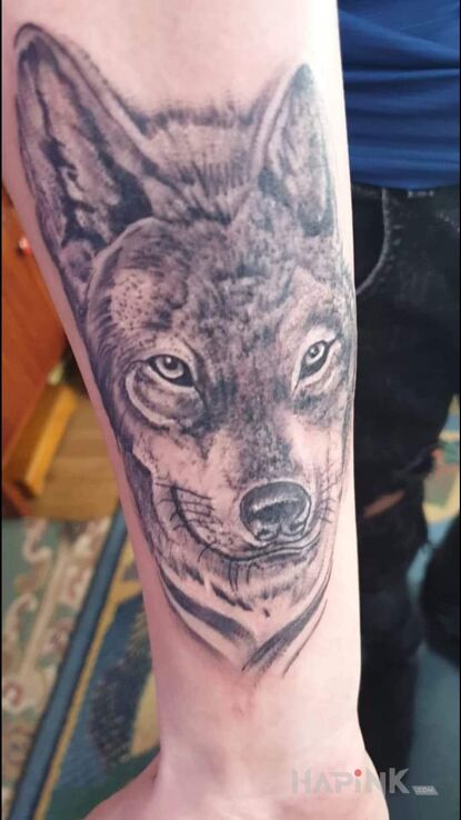 Tattoo Mój początek z tatuażami in black and gray motif and realistic style on the forearm