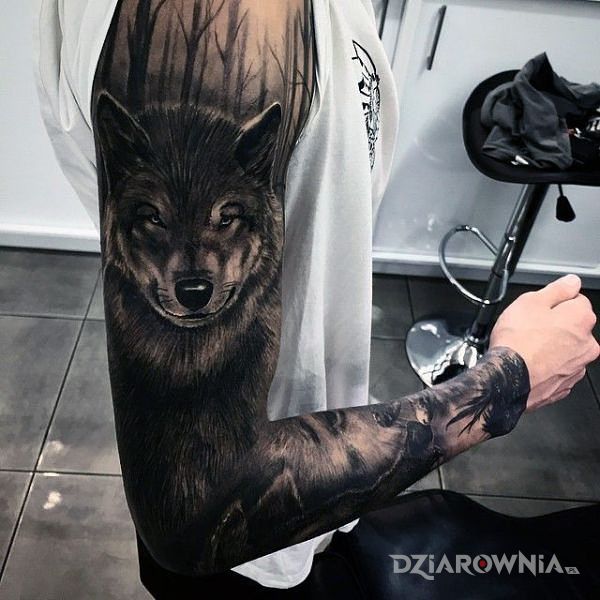 Tatuaż rękaw z wilkiem i lasem w motywie zwierzęta i stylu realistyczne na przedramieniu