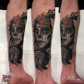 Tattoo Mexican Lady Death ☠. on the forearm motif: black and gray style: realistic