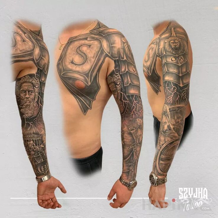 Tattoo Mitologcziny rękaw. ? in black and gray motif and realistic style on the forearm