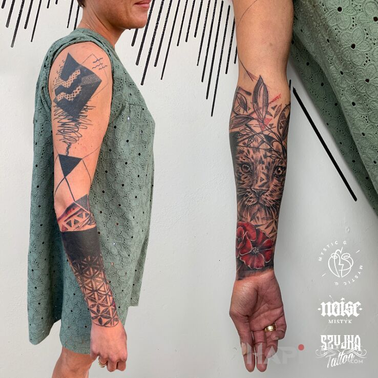 Tattoo Ciekawe kolabo z Mystic G. PRAWA strona moja. in animals motif and geometric style on the forearm