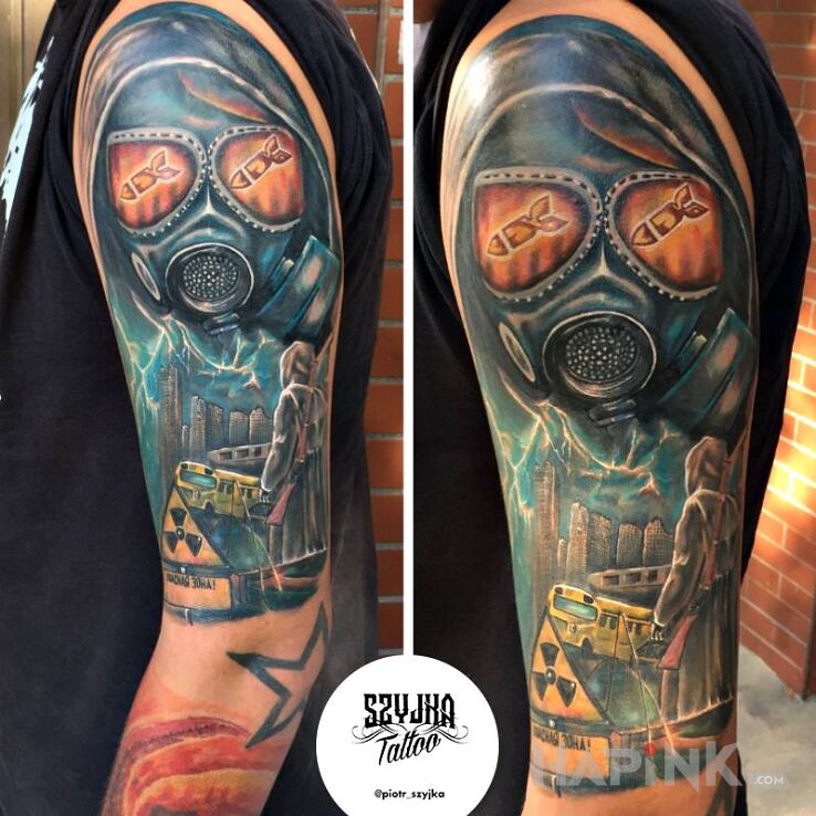 Tattoo Armageddon in characters motif and realistic style on the upper arm