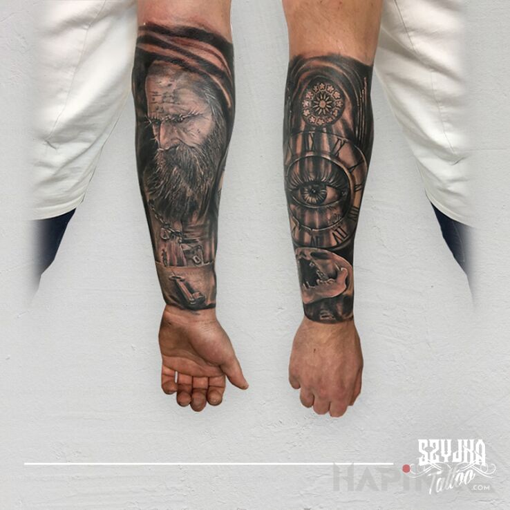 Tattoo Czas i przemijanie ? in faces motif and realistic style on the forearm