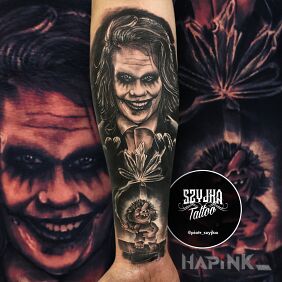 Tattoo Ha ha ha ? on the forearm motif: faces style: realistic