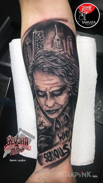 Tattoo Joker ? in faces motif and realistic style on the forearm