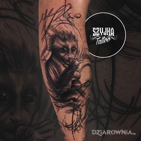 Tatuaż Abstrakcja, embrion dziecka połączony z małpą. Tattoo na Mistyku. na łydce motyw: czarno-szare styl: szkic