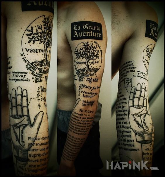 Tattoo Rękopis in black and gray motif and engravings / gravure style on the forearm