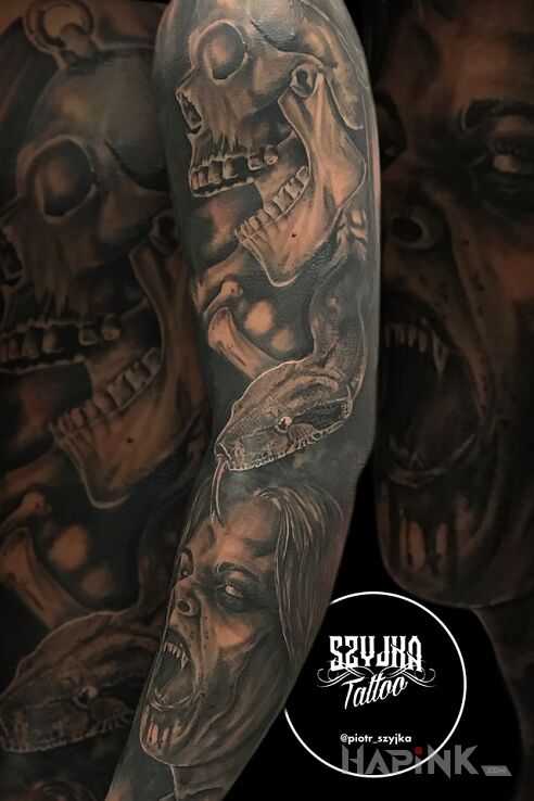 Tattoo Scary Sleeve ? in black and gray motif and realistic style on the upper arm