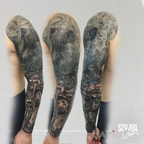 Tattoo Hunting sleeve ? on the forearm motif: black and gray style: realistic