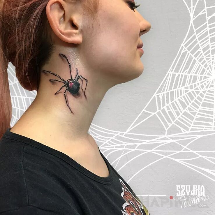 Tattoo Czarna wdowa ? in 3D motif and realistic style on the neck