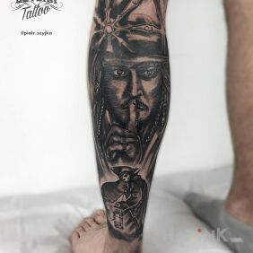 Tattoo Pirates of the Caribbean on the calf motif: objects style: realistic