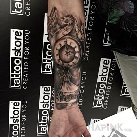 Tattoo Sentimental on the forearm motif: black and gray style: realistic