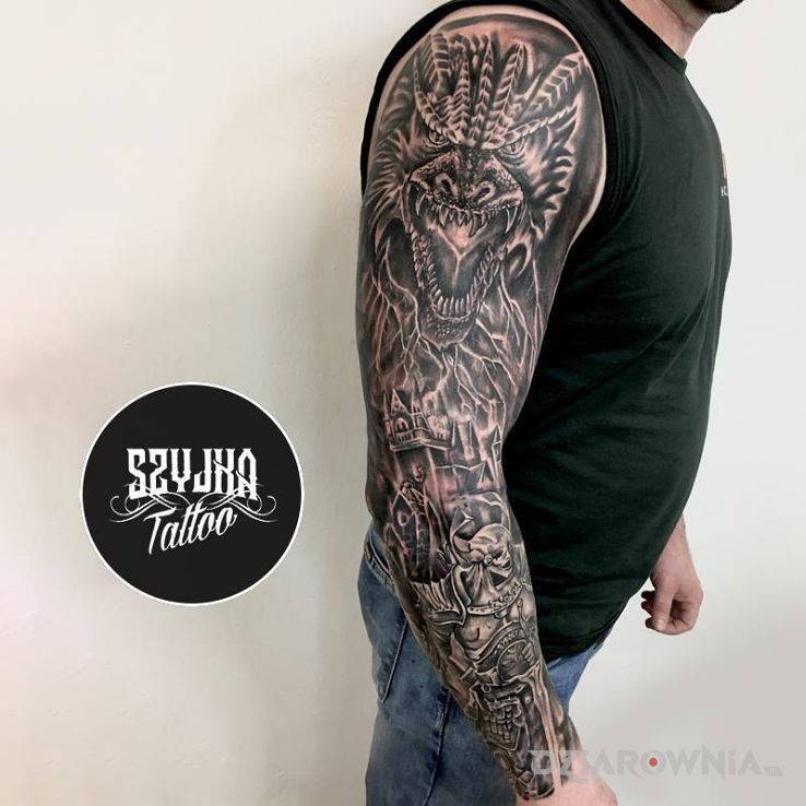 Tatuaż duży smok w motywie czarno-szare i stylu realistyczne na przedramieniu