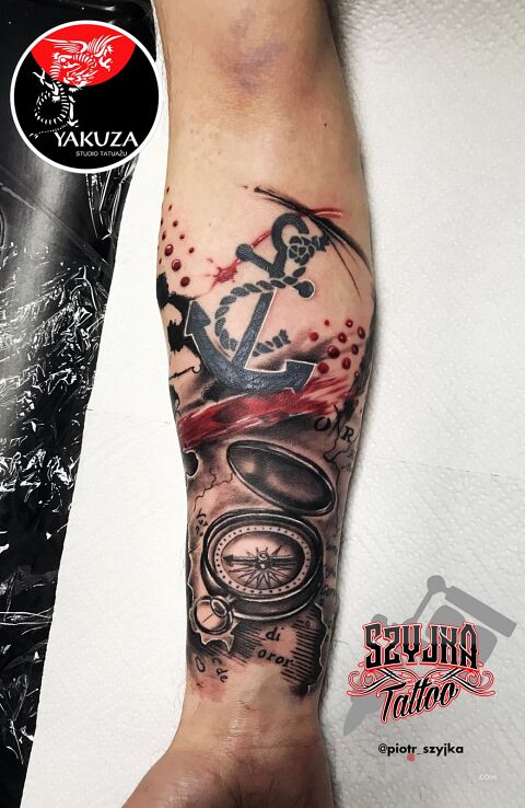 Tattoo Żeglarski motyw ? in objects motif and realistic style on the forearm