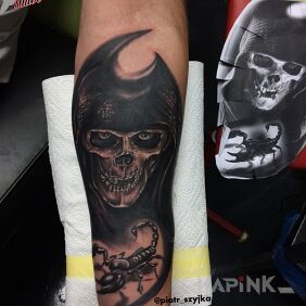 Tattoo Sleeve in progress - skull / scorpion on the forearm motif: animals style: realistic