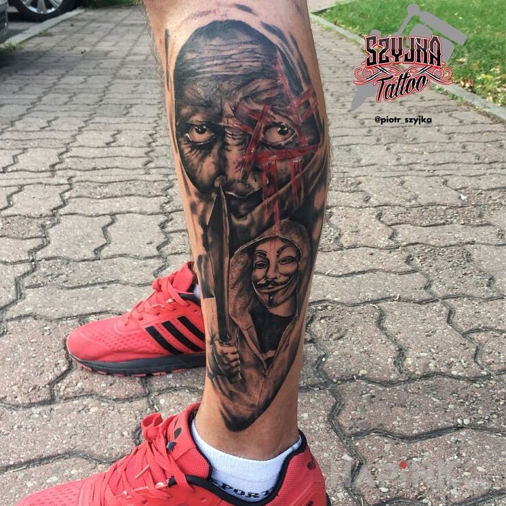 Tattoo Anonymous in demons motif and realistic style on the calf