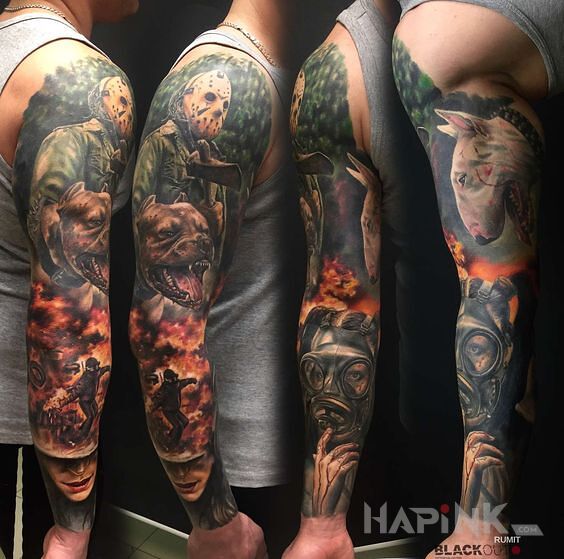 Tattoo Pieski i Jason in characters motif and realistic style on the upper arm