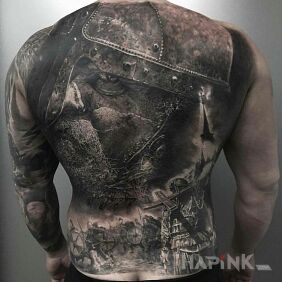 Tattoo Crusaders on the back motif: black and gray style: realistic