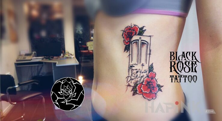 Tattoo Drzwi in colorful motif and graphic / illustrative style on the ribs