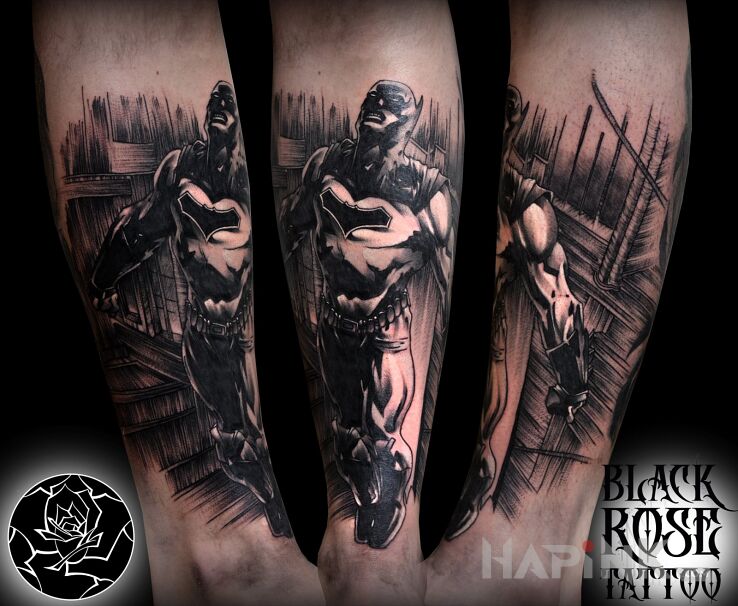 Tattoo Batman in characters motif and graphic / illustrative style on the forearm