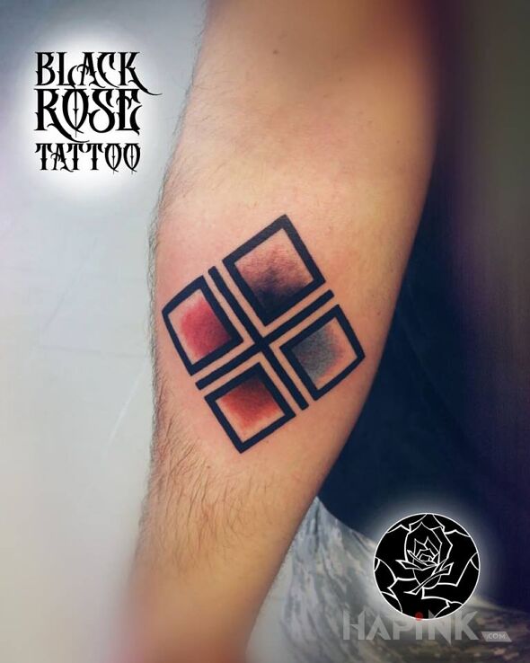 Tattoo Makosh in religious motif and graphic / illustrative style on the forearm