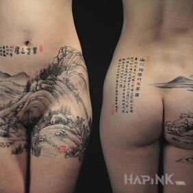 Tattoo Japanese art on the buttocks motif: black and gray style: japanese / irezumi