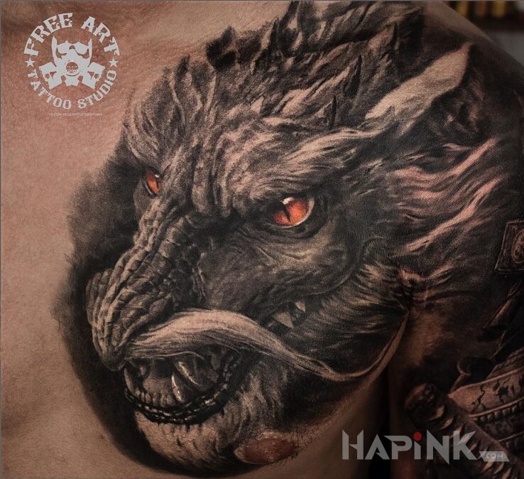 Tattoo Smok z wąsem in dragons motif and realistic style on the chest