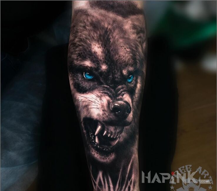 Tattoo Złowrogi wilk in animals motif and realistic style on the forearm