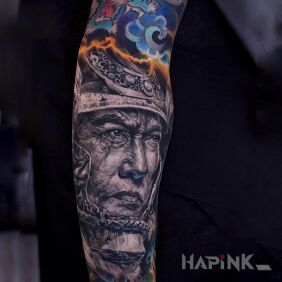 Tattoo Japanese warrior on the forearm motif: colorful style: realistic
