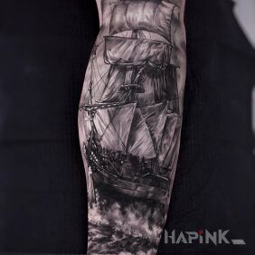 Tattoo Ship on the forearm motif: black and gray style: realistic