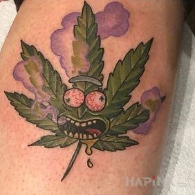 Tattoo Rick as marijuana on the forearm motif: other style: cartoon / comic book