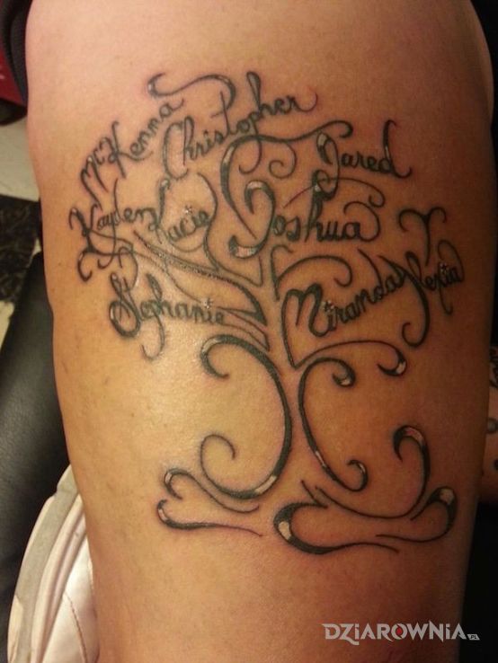 Tatuaż drzewo genealogiczne w motywie napisy na ramieniu